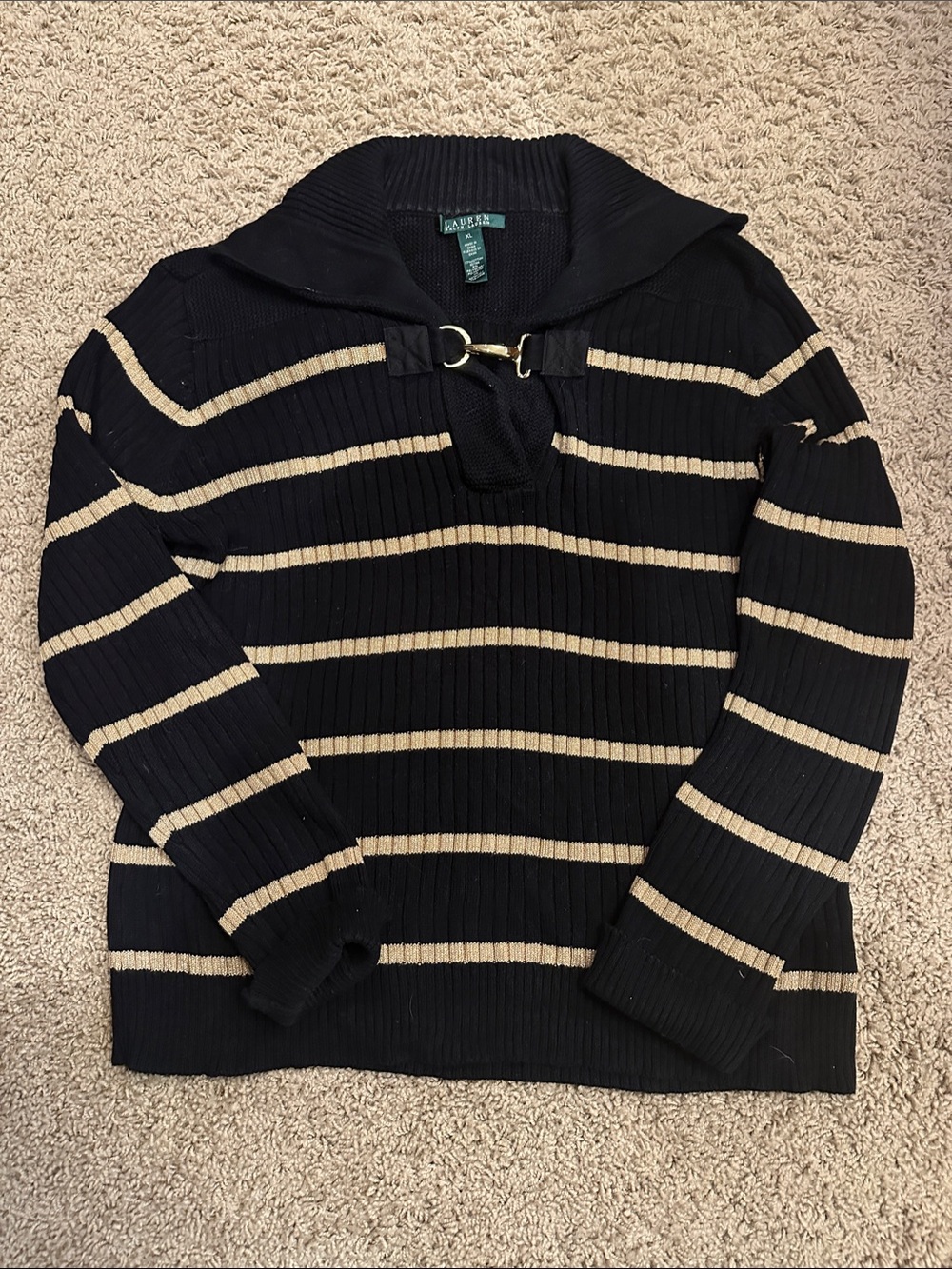 Lauren Ralph Lauren Black and Cream Striped V-Neck Shawl Collar Sweater